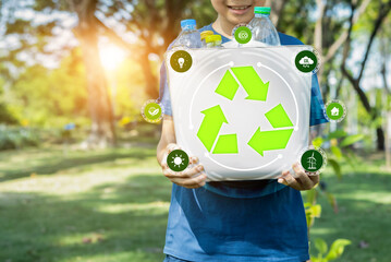Green recycle symbol for environmental sustainability and natural protection awareness campaign...