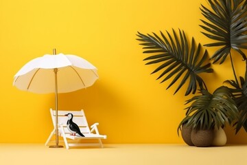 Minimal vacation scene with beach umbrella, penguin float, sun lounger, tropical leaves on yellow background. Generative AI