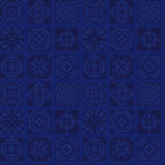 Gordijnen Vector tile pattern, Lisbon floral mosaic, Mediterranean seamless navy blue ornament © Anastasiya Novikova