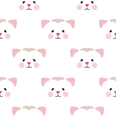 Cats seamless vector pattern with hearts. Cute hand drawn kitten faces. Valentines day.