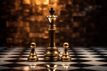 Strategic mastery and authority embodied in the golden king dominating the chessboard.