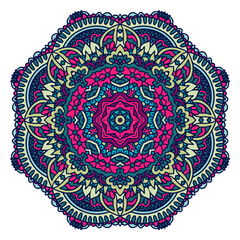 Vector medallion meditation folk art style design in psychedelic bright colors