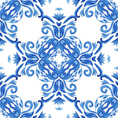 Abstract seamless ornamental watercolor damask arabesque paint pattern. Portuguese ceramic tile design