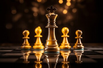 Strategic mastery and authority embodied in the golden king dominating the chessboard.