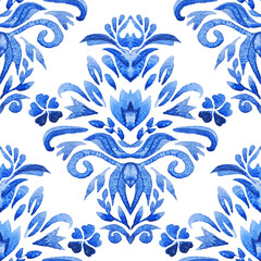 Abstract seamless ornamental watercolor damask arabesque paint pattern. Portuguese ceramic tile design