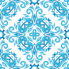 Watercolor blue damask classic tiles. Hand drawn floral seamless pattern. Portuguese ceramic tile design. Gorgeous azulejo reapeatable rapport.