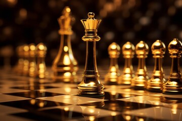 Strategic mastery and authority embodied in the golden king dominating the chessboard.