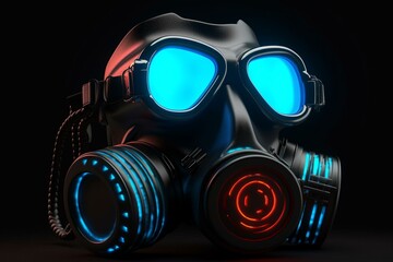 Advanced gas mask with goggles and metal filters, black-gray respirator with neon lights, for air pollution. 3D isolated illustration. Generative AI
