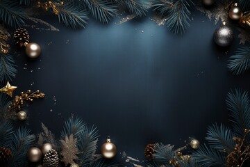 a luxury christmas border with christmas brance, pine tree leaf, little lamps decoration, premium silky metal background for flat lay, generative ai