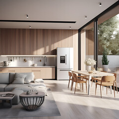 Stylish, Spacious Kitchen and Living Room with Refrigerator and Washing Machine, Overlooking a Cozy Dining Area with Wooden Ceiling, Next to an Open Balcony on a Sunny Day, Generative AI