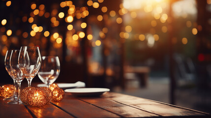 Fototapeta na wymiar Blurred background of restaurant with abstract bokeh light. Lights decoration Party Event Festival background. Outdoor string lights. Advertising board, mockup for your design. High quality photo.