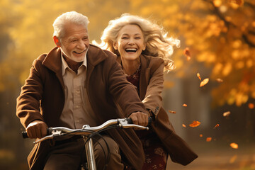 Fototapeta na wymiar Joyful senior couple, deeply in love, as they embark on a bike ride together. The scene radiates happiness, health, and the beauty of their shared journey. Ai generated