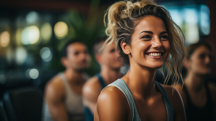 Fitness, laughing and friends at the gym for training, pilates class. Work out. Exercise at a club. Smile, sport in a group for a workout, cardio or yoga on a studio wall. High Quality photo.