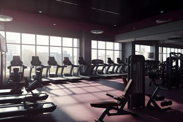 Fototapeta na wymiar Modern of gym interior with equipment. Sports equipment in the gym. Neural network AI generated art