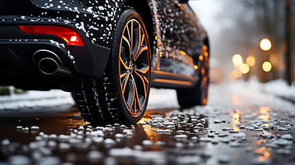car on the street - Close up of car tires in winter on the road covered with snow. Winter tire. - obrazy, fototapety, plakaty
