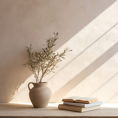 Mediterranean Home Design: Neutral Living Room Still Life with Vase, Olive Tree Branches, Coffee, Books, and Modern Interior - Copy Space on Empty Wall, No People, Lateral View, Generative AI