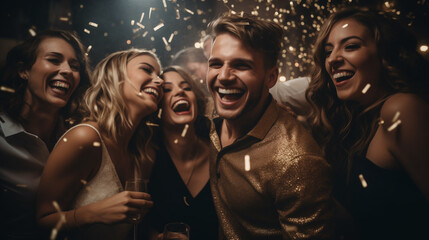 Attractive people laughing while dancing with friends. Group of men and women dancing at new years eve party at night club. Generative AI. Happy New Year! - obrazy, fototapety, plakaty