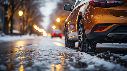 car on the street - Close up of car tires in winter on the road covered with snow. Winter tire. - obrazy, fototapety, plakaty