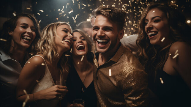 Attractive people laughing while dancing with friends. Group of men and women dancing at new years eve party at night club. Generative AI. Happy New Year!