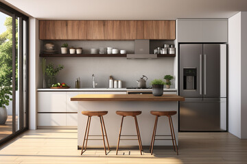 Modern kitchen design, featuring a spacious, open layout with a dedicated area for dining. Ai generated