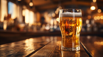 Glass of beer on a bar counter in a pub or restaurant. Empty space. Close up. Mock up. Glass of beers on a local pub, low angle view. High quality photo. - Powered by Adobe
