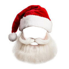 A festive Father Christmas beard and hat isolated on a plain background. Santa costume - obrazy, fototapety, plakaty