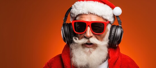 Photo of funky Santa Claus with grey beard wearing a festive cap sunglasses and headphones dancing...