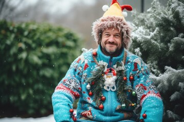 Happy caucasian man wearing in ugly Christmas sweater and choosing Xmas tree . Outdoors. Snowy winter. Day of ugly Christmas sweater. - obrazy, fototapety, plakaty