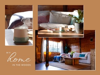 Composite of my home in the woods text and photos of house interiors