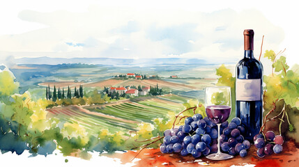 Watercolor Bunch of blue grapes and red wine bottle on landscape of italy or spain