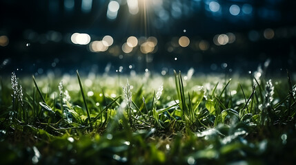 Lawn in the soccer stadium. Football stadium with lights. Grass close up in sports arena