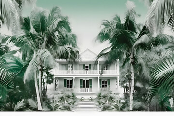Fototapeta na wymiar Residential Home Buildings, tropic trees, palms. Neural network AI generated art