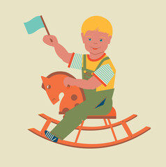 A boy rides a toy horse and waves a flag