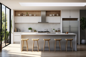 Modern kitchen design, featuring a spacious, open layout with a dedicated area for dining. Ai generated