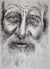 Old man with a mustache - illustration. Detailed drawing of an old sad man with a mustache and beard, drawn by a liner.