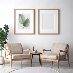 Scandinavian Style Living Room with Two Armchairs, White Wall, and Big Frame Poster, Generative AI