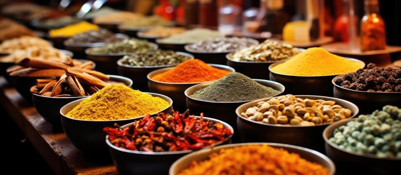 Various vibrant Italian spices sold at a market in Catania Sicily Italy