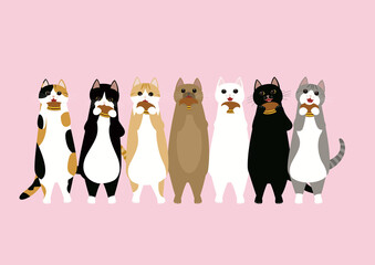 和菓子のどら焼きを持つ7匹の猫