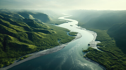 an aerial shot of a river in the wilderness