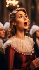 Woman singing in a Church concert with her Choir at Christmas. Shallow field of view. - obrazy, fototapety, plakaty