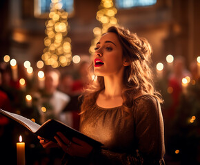 Woman singing in a Church concert with her Choir at Christmas. Shallow field of view. - obrazy, fototapety, plakaty
