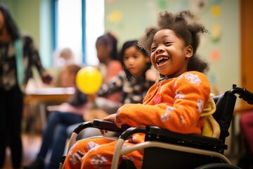 diverse girl with reduced mobility using wheelchair at school, smiling. Inclusive preschool education banner, candid moment. - obrazy, fototapety, plakaty