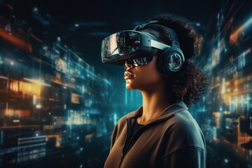 Diverse woman wearing virtual reality headset on neon screens displays tech backdrop. Clean futuristic vision. Augmented reality and future business development concept. - obrazy, fototapety, plakaty