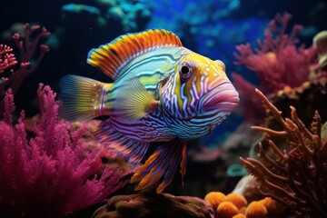 Naklejka na ściany i meble Exotic colorful fish closeup. Underwater reef world beauty illustration. Snorkeling and scuba diving travel ad poster. Aquarium business concept. 