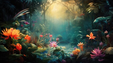 Obraz premium a painting of a forest with lots of flowers and a stream of water in the middle of the forest, with the sun shining through the trees. generative ai