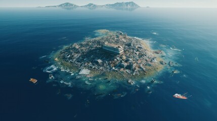 trash island in the ocean aerial view - obrazy, fototapety, plakaty