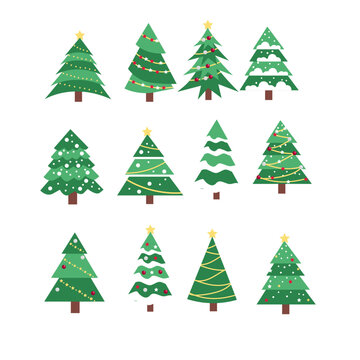Vector set of cartoon Christmas trees, pines for greeting card, invitation,banner, web. New Years and xmas traditional symbol tree with garlands, light bulb, star. Winter holiday. Icons collection.