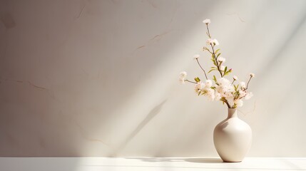 Drawing with vase of flowers with light reflection on it, set against an empty wall background. Aesthetic minimalism, rendered in a soothing palette of beige, natural, and neutral colors.