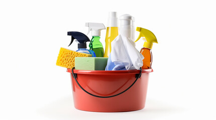 the bucket contains household supplies for cleaning the room and cleanliness on a white background
