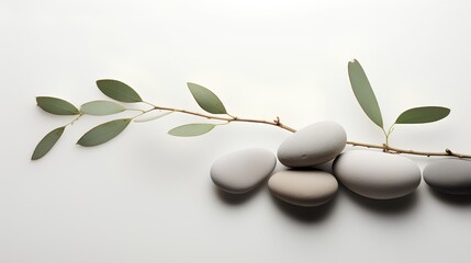 Fototapeta na wymiar Sage twig and pebble rocks against an empty wall background with minimalism and aesthetic style. Wallpaper with serene and tranquil style with sense of zen and wellness. Yoga or massage studio element